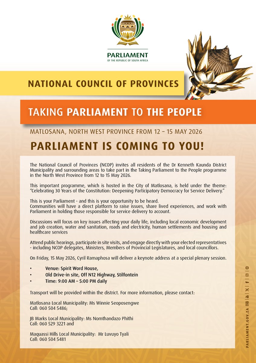 ParliamentofRSA's tweet photo. The National Council of Provinces #NCOP, led by its Chairperson, Ms Refilwe Mtshweni-Tsipane, will take its flagship public participation and oversight programme, Taking Parliament to the People #TPTTP, to the Kenneth Kaunda District Municipality in North West from 12 to 15 May 202.
#Parliament2thePeople
#7thParliament