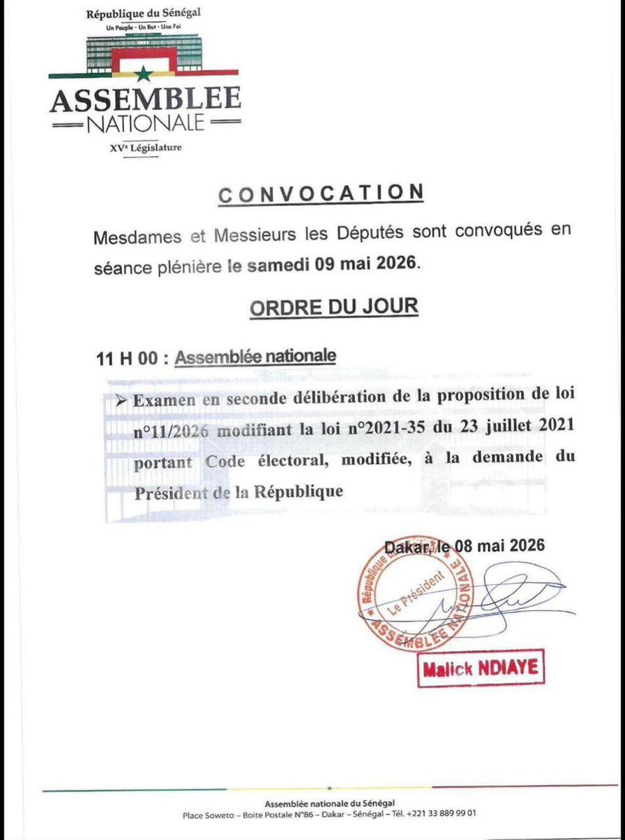 Séance Plénière 

Examen en seconde délibération d e la proposition de loi nº11/2026 modifiant la loi nº2021-35 du 23 juillet 2021 portant Code électoral, modifiée, à la demande du Président de la République