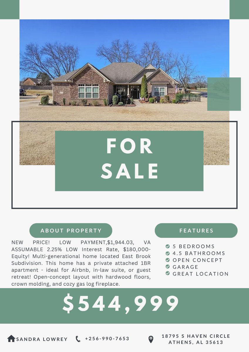 LowreyTeam's tweet photo. 🔥 NEW PRICE IN ATHENS! 🏡
5BR/4.5BA East Brook home with private apartment, screened porch, fenced yard &amp; 3-car garage. Over 3,200 sq ft + VA assumable loan at 2.25%!
📍18795 S Haven Circle, Athens, AL
📲 Message for details! #AthensAL https://t.co/x4bgwcdNII