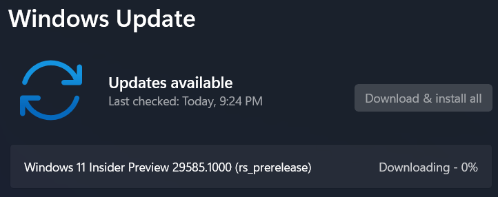 ErikMoreau's tweet photo. #Flighting Windows 11 Build 29585.1000 in the #ExperimentalChannel (Future Platforms) @windowsinsider @DJ_EddieL @NorthFaceHiker @JenMsft @amanda_lango @maisondasilva @megahoch @brandonleblanc @JamesvandenBerg @aavdberg #areyouflightingyet #WindowsInsiders https://t.co/YmzJ0kB1DA https://t.co/lDaJYHJze3