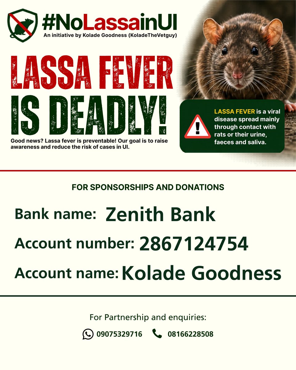 KoladeThevetguy's tweet photo. With the emergence of Lassa fever in Oyo State, we have successfully launched Project #NoLassaInUI, beginning with the pilot phase at Kenneth Mellanby Hall, University of Ibadan.

As we work towards extending this campaign to all halls of residence, we are open to sponsorships… https://t.co/t6ebGN5kZK