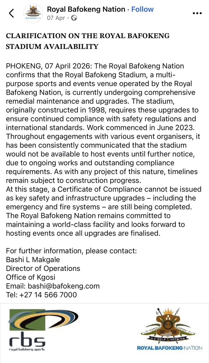 A recent update regarding the Royal Bafokeng Stadium indicates that the match between Orbit &amp; 🏴‍☠️ may no longer take place there. NMB is alleged to be earmarked to host this match.

We hope the PSL clarifies this soon, so, we can begin making the necessary logistical arrangements.