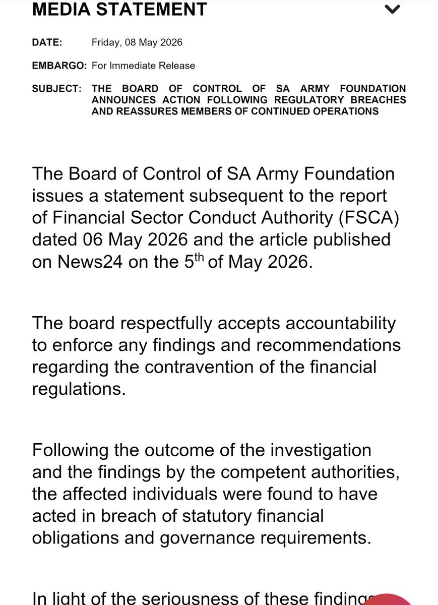 deanwingrin's tweet photo. Two top SA Army Foundation's officials were barred and fined R44.7m for irregularities and paying themselves. The FSCA withdrew the Foundation's licence. That means it can no longer manage members funds. This statement totally ignores that and who will now manage those funds. https://t.co/IlDsAAa8Ip