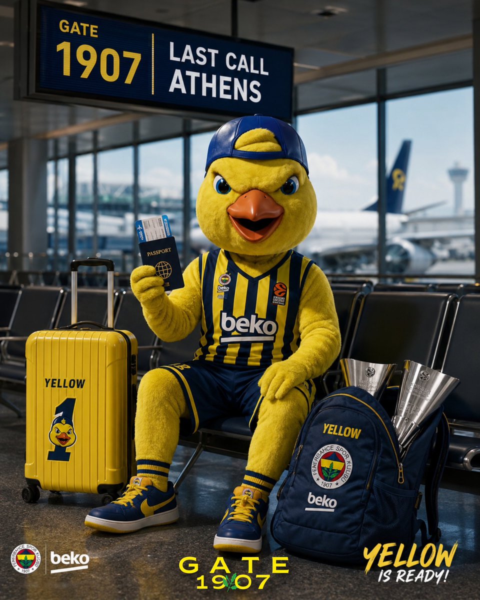 1907GATE's tweet photo. Destination: Athens. ✈️🏆
Mission: Bring the trophies home. 🟡🔵

Fenerbahçe Beko is ready for the Final Four.
#YellowLegacy #FinalFour @FBBasketbol https://t.co/MTAOtpCX8r
