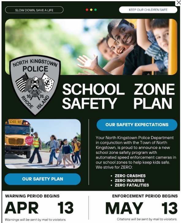 FPElem's tweet photo. North Kingstown Police School Zone Safety Plan

Your North Kingstown Police Department, in conjunction with the Town of North Kingstown, is proud to announce a new school zone safety program with automated speed enforcement cameras in our school zones to help keep kids safe. https://t.co/zza9Mjqn65