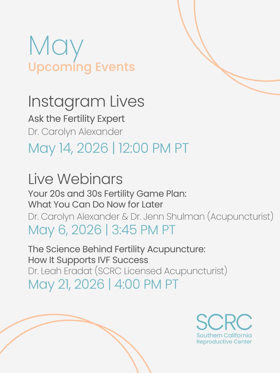 SCRCivf's tweet photo. Another month filled with events to keep you informed, empowered, and educated on your journey!

Sign up by clicking the link!
https://t.co/AFipRbopy7

#TTC #Fertility #PCOS #IVF #HolisticHealth #Community #Fertility #Acupuncture https://t.co/mBoTXRSlKu