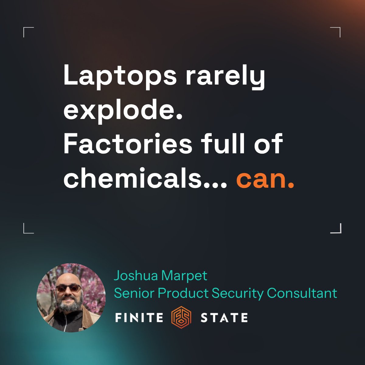 FiniteStateInc's tweet photo. "Laptops rarely explode. Factories full of chemicals... can."💻🏭

Josh Marpet tells https://t.co/iOtjoPrKXe why new ICS malware like ZionSiphon proves standard IT security fails in OT. Protecting these systems demands binary analysis to map true exploit paths. Read: https://t.co/0MjHtVOwLi