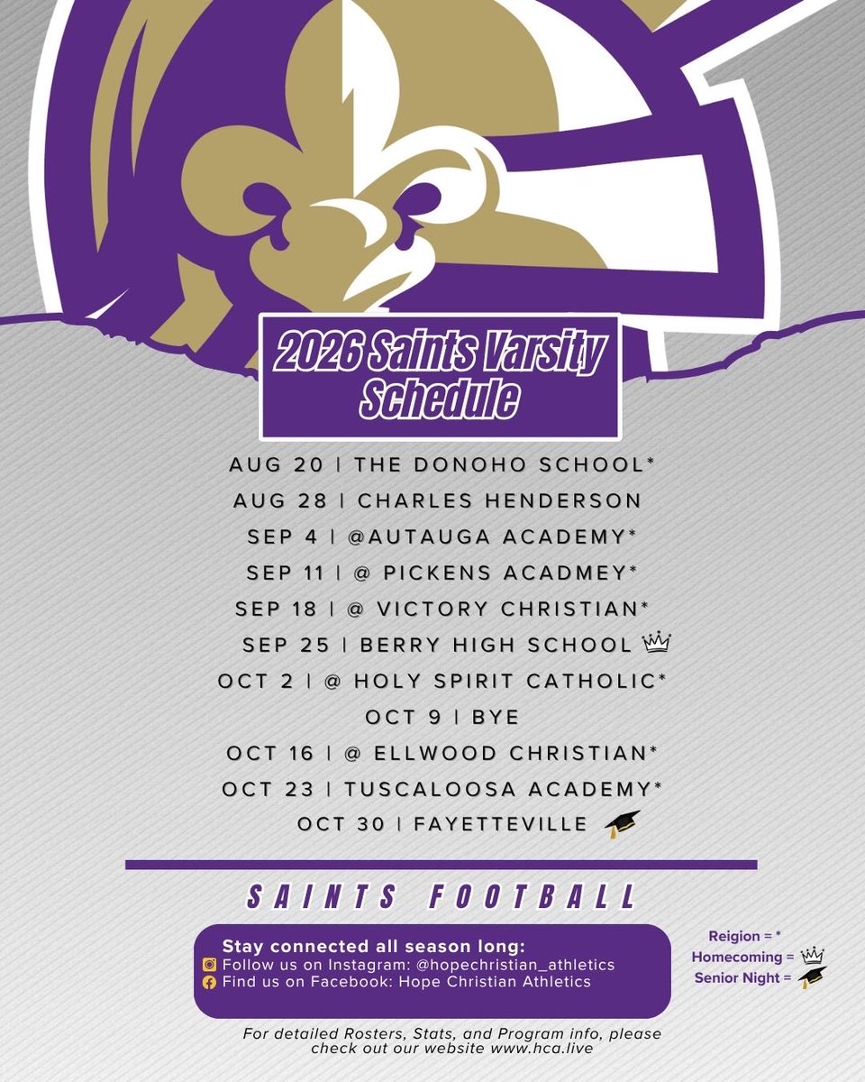 HCASaints7's tweet photo. 🏈 The wait is over… The 2026 Hope Christian Academy Varsity Football Schedule is HERE!

A new chapter begins as the Saints prepare for their first season competing in the AHSAA. We are excited for the opportunity to compete, grow, and honor God in everything we do both on and off the field.

#HCASaints #SaintsFootball #HonorGod #FridayNightLights #RoadTo2026 #GridironSaints #KingdomBuilt