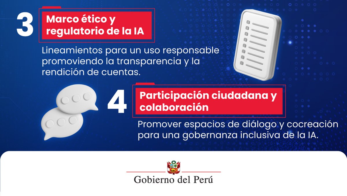 GobiernoPeru_'s tweet photo. ✅ El Perú ya cuenta con una Estrategia Nacional de Inteligencia Artificial para formar talento, impulsar ideas, usar la tecnología con responsabilidad y trabajar juntos.👉 Estos son los 4 ejes que harán posible este cambio.
💻Conoce más en: https://t.co/dArpP1NJsN
#ENIA https://t.co/LxCSTLu1vY