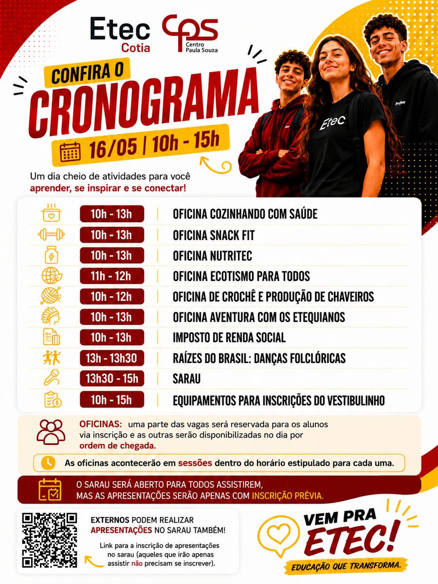 etecdecotia's tweet photo. A Etec de Cotia está de portas abertas para você! ✨

No dia 16 de maio, das 10h às 15h, acontecerá a nossa tão esperada Semana Paulo Freire 2026, um evento pensado para aproximar a comunidade da escola e proporcionar experiências incríveis para todas as idades! 💛📚
Saiba mais. https://t.co/uDJJjCpHeK