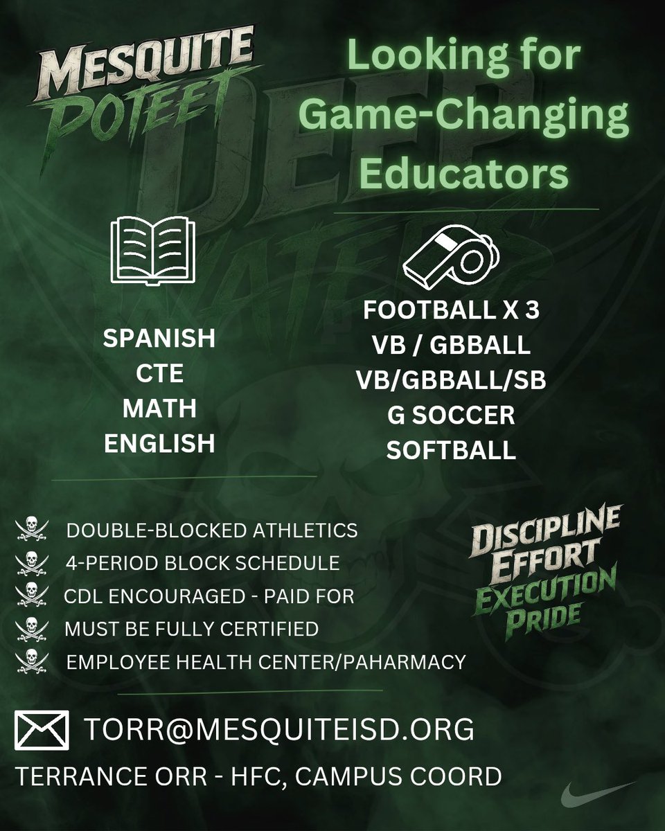 PoteetFB's tweet photo. 🚨 Mesquite Poteet is looking for game-changing educators &amp; coaches to join the Pirate family.

📚 Openings: Spanish, CTE, Math &amp; English
🏈 Coaching: Football, VB/GBB, VB/GBB/SB, Girls Soccer &amp; Softball

✔️ Double-blocked athletics
✔️ 4-period block
✔️ CDL encouraged &amp; paid for https://t.co/JtXbKRQkbj