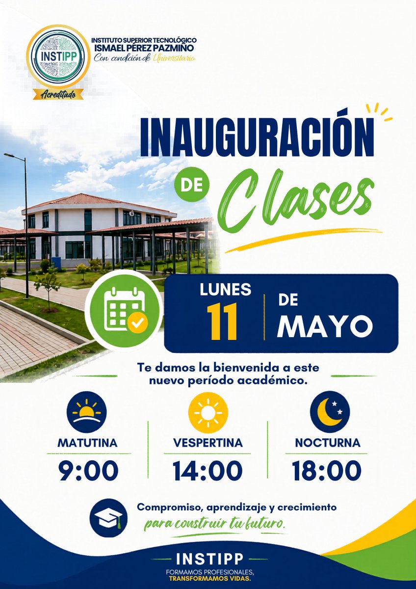 instipp1's tweet photo. INAUGURACIÓN DE CLASES 2026-1P

El Instituto Superior Tecnológico Ismael Pérez Pazmiño (INSTIPP) informa a toda la comunidad estudiantil que el próximo lunes 11 de mayo se realizará la inauguración oficial de clases correspondiente al período académico 2026-1P. https://t.co/szWszu5AMM