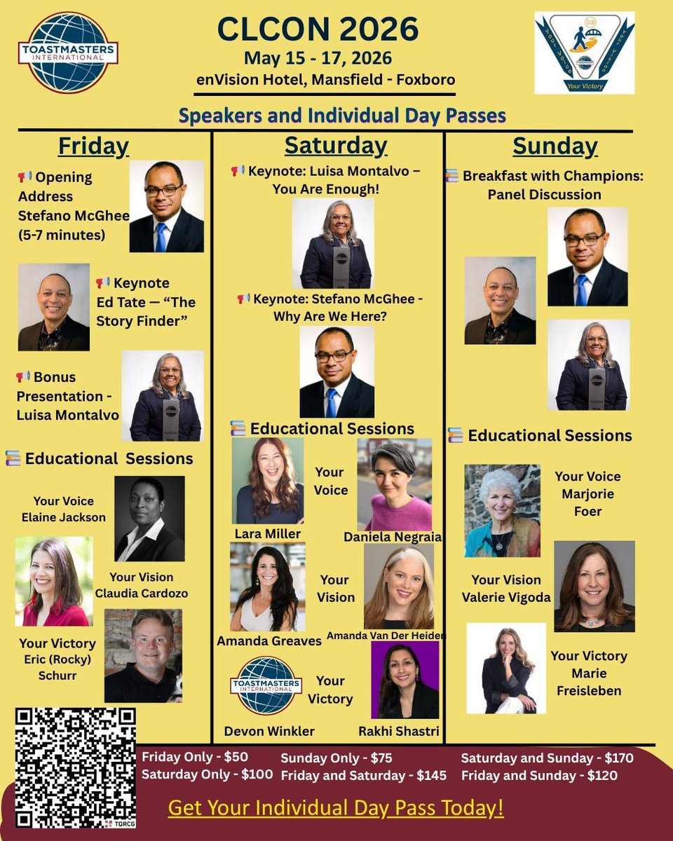 D31Toastmasters's tweet photo. 🎤 CLCON 2026 brings together communication, leadership, networking, speech contests, and inspiring speakers all in one unforgettable weekend.

✨ Day passes &amp; à la carte event options are now available — attend the experiences that fit your schedule.

Register today! https://t.co/uQRb6W4LLs
