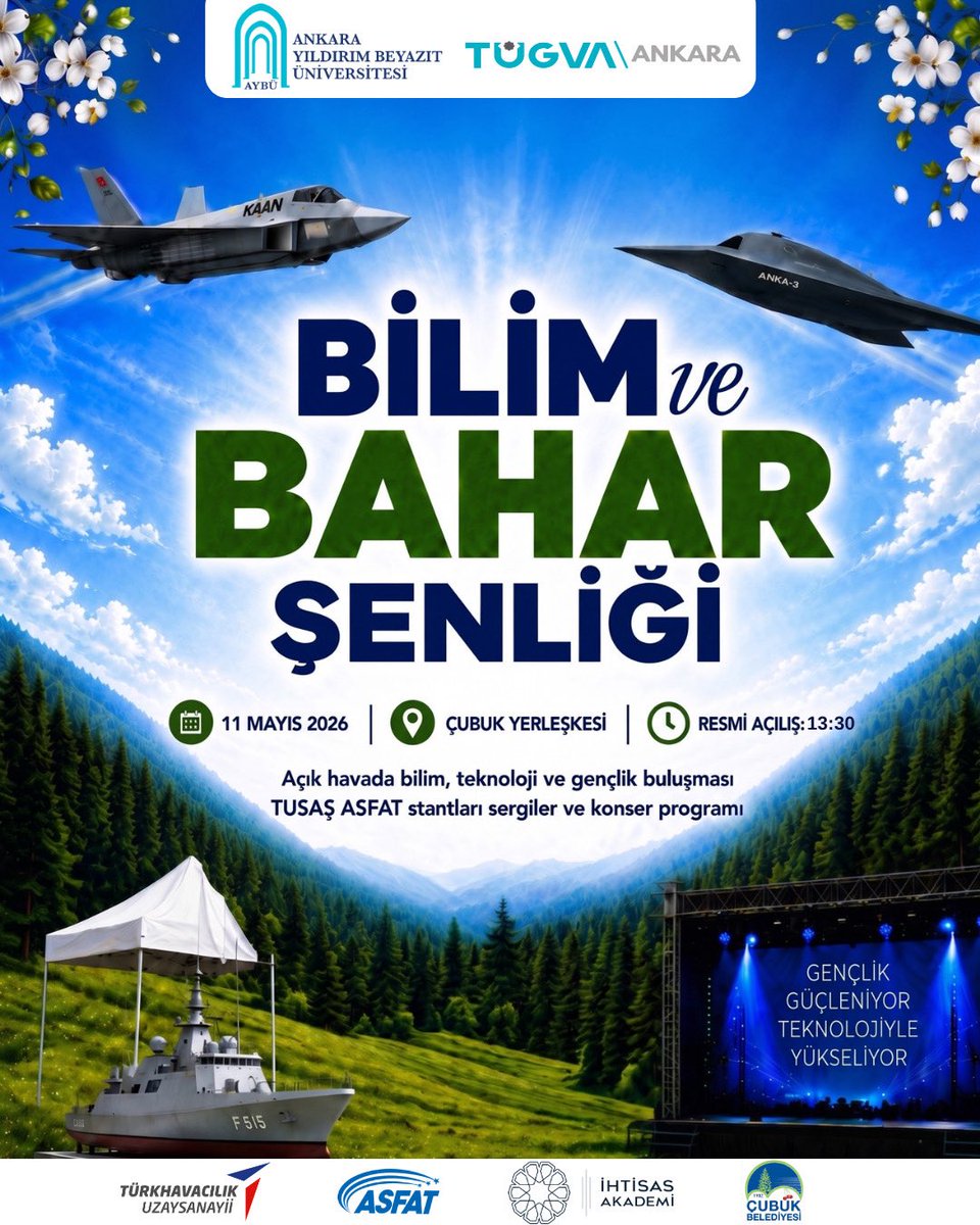 aybuogmer's tweet photo. Merkezimiz ve TÜGVA iş birliğiyle, Üniversitemiz Teknik Bilimler Meslek Yüksekokulu Müdürlüğünün destekleriyle; bilim, teknoloji, havacılık ve gençlik vizyonunu bir araya getiren İHTİSAS AKADEMİ 2026 programı kapsamında AYBÜ Çubuk Bilim, Teknoloji ve Gençlik Şenliği öğrencilerimizle buluşuyor.

📅 Tarih: 11 Mayıs 2026 Pazartesi

📍 Yer: AYBÜ Çubuk Yerleşkesi

🕜 Protokol ve Açılış Programı: 13.30

TUSAŞ, ASFAT ve Çubuk Belediyesi katkılarıyla gerçekleştirilecek etkinlikte; sergiler, stantlar, teknoloji ve havacılık buluşmaları, yarışmalar, hediyeler ve konser programı öğrencilerimizi bekliyor.

Tüm öğrencilerimizi bu büyük açık hava teknoloji ve gençlik buluşmasına bekliyoruz. 

@acengizkoseoglu
@muminsen 
@tugvaankara
@TUSAS_TR
@MSB_ASFAT
@cubukbelediyesi
@ihtisas_akademi
