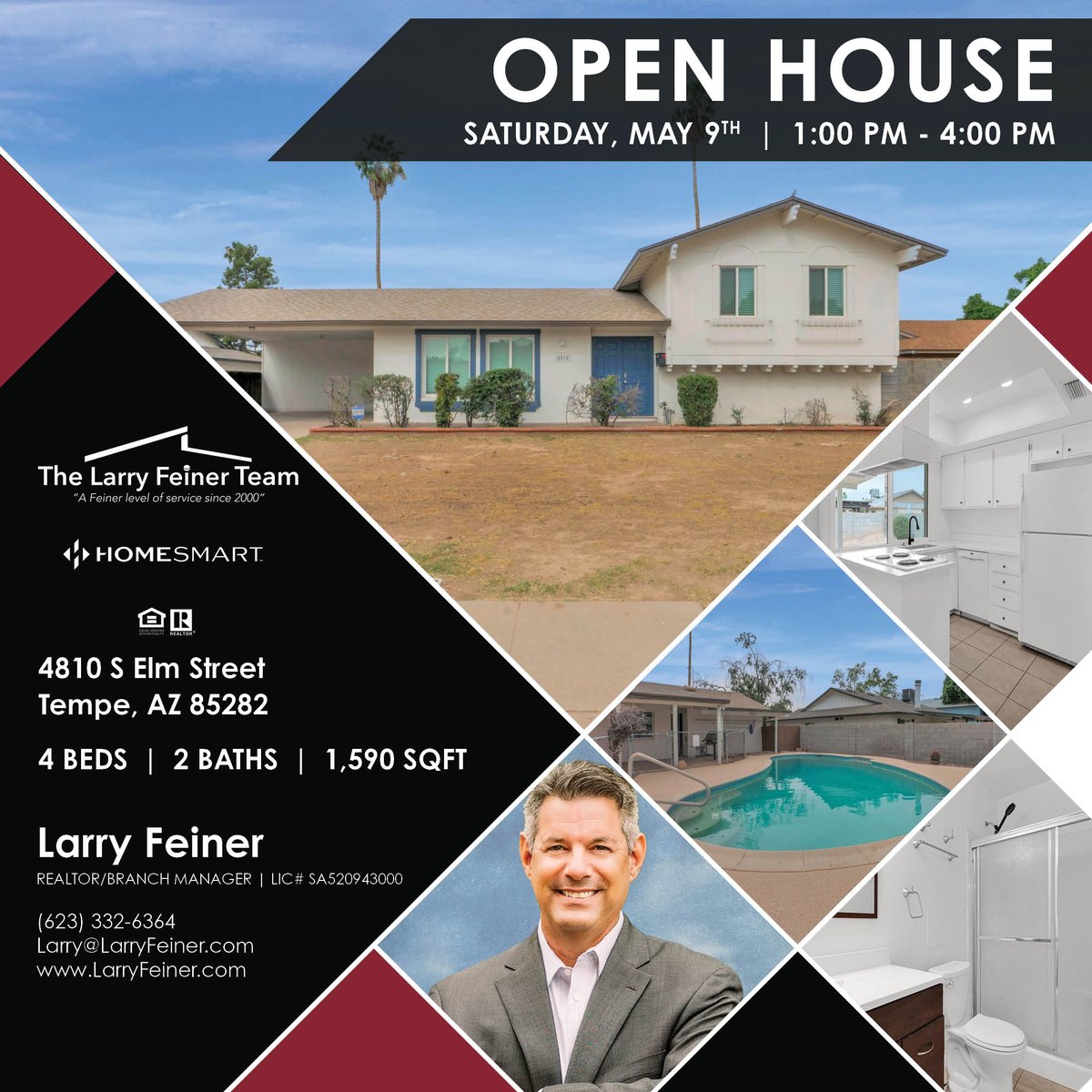 LarryWHomeSmart's tweet photo. A 4-bedroom, 2-bathroom house with a pool in this part of Tempe for only $450,000? No way! This won’t last long! Come see it on May 9th from 1 pm to 4 pm!! https://t.co/2ugoczBOju