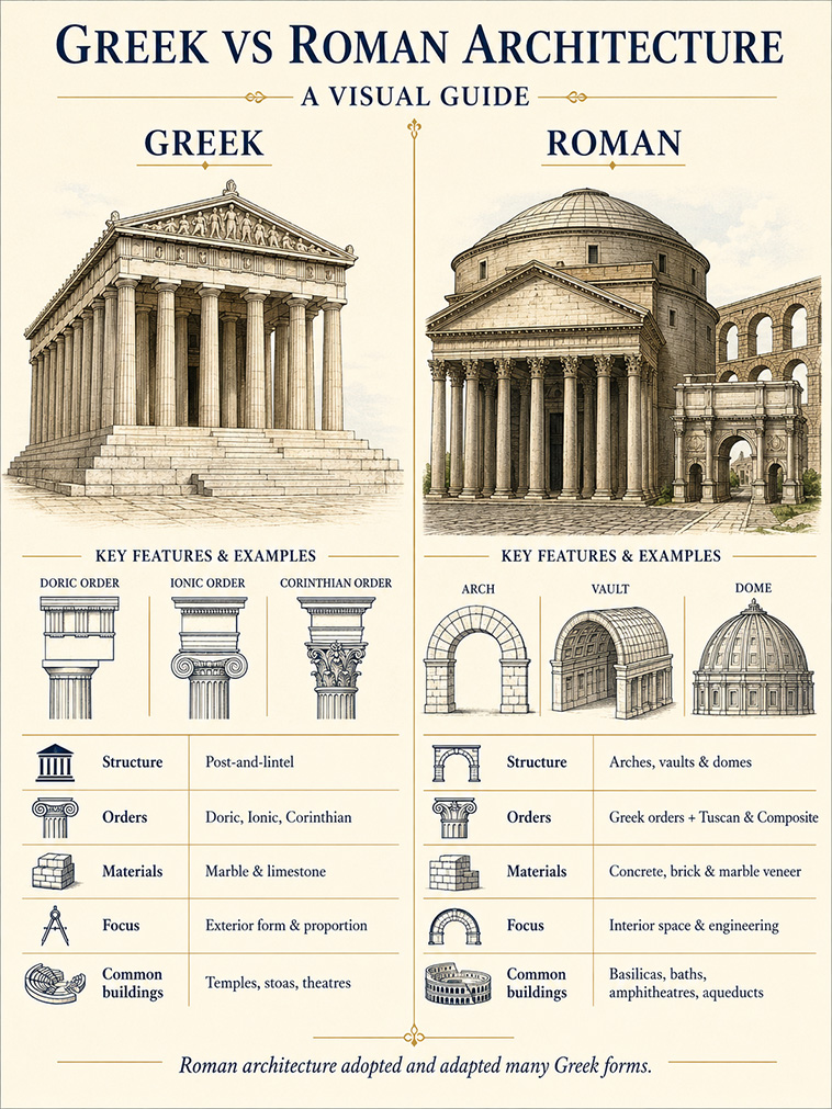 Greek and Roman architecture are closely connected, but they were built around different ideas.

Greek architecture emphasized proportion, exterior harmony, and the post-and-lintel system, seen clearly in temples with Doric, Ionic, and Corinthian columns.

Roman architecture