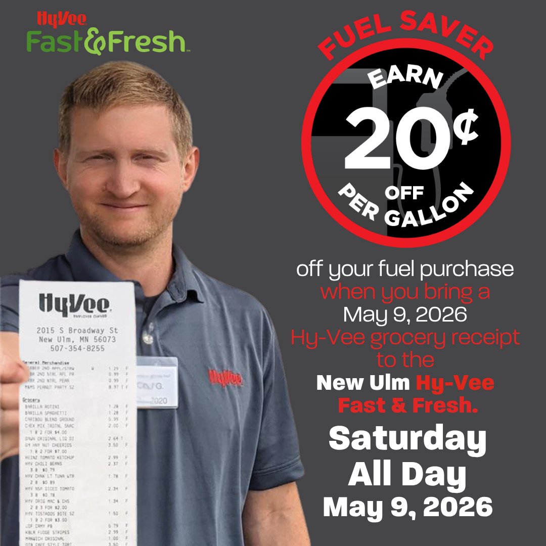HyVeeNewUlm's tweet photo. 🚨⛽ NEW ULM — BIG FUEL SAVINGS TODAY ONLY! 🚨
Get your receipts ready… because tomorrow you can score 20¢ OFF PER GALLON at Hy‑Vee Fast &amp; Fresh! 🔥
Just bring in your Saturday, May 9, 2026 New Ulm Hy‑Vee grocery receipt and watch those fuel savings stack up. https://t.co/OMJZ3ZuKua