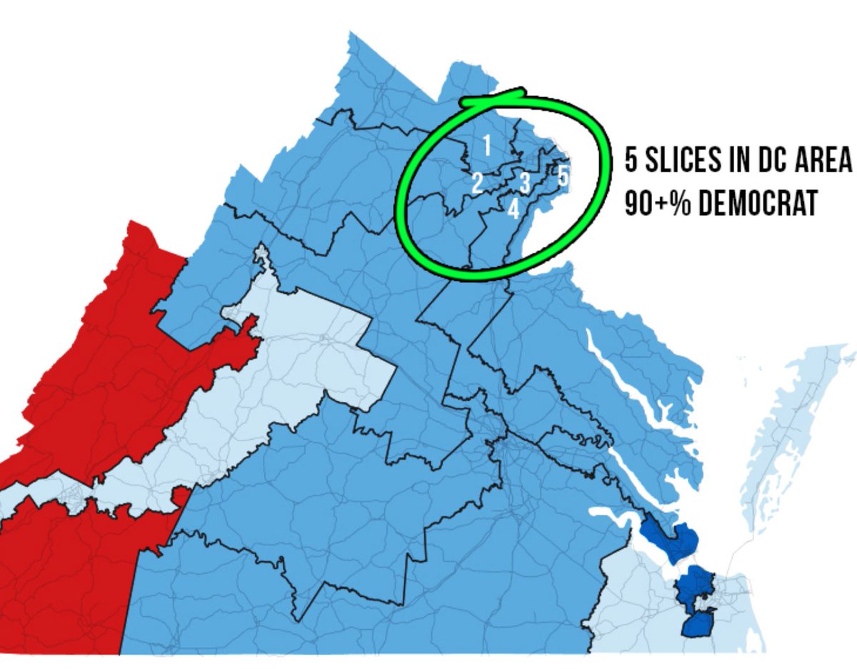 LiberalHivemind's tweet photo. Virginia map deemed ILLEGAL had 5 sliced up districts feeding off WASHINGTON DC AREA, 90%+ DEMOCRAT VOTE. https://t.co/JsZEc6NG4W