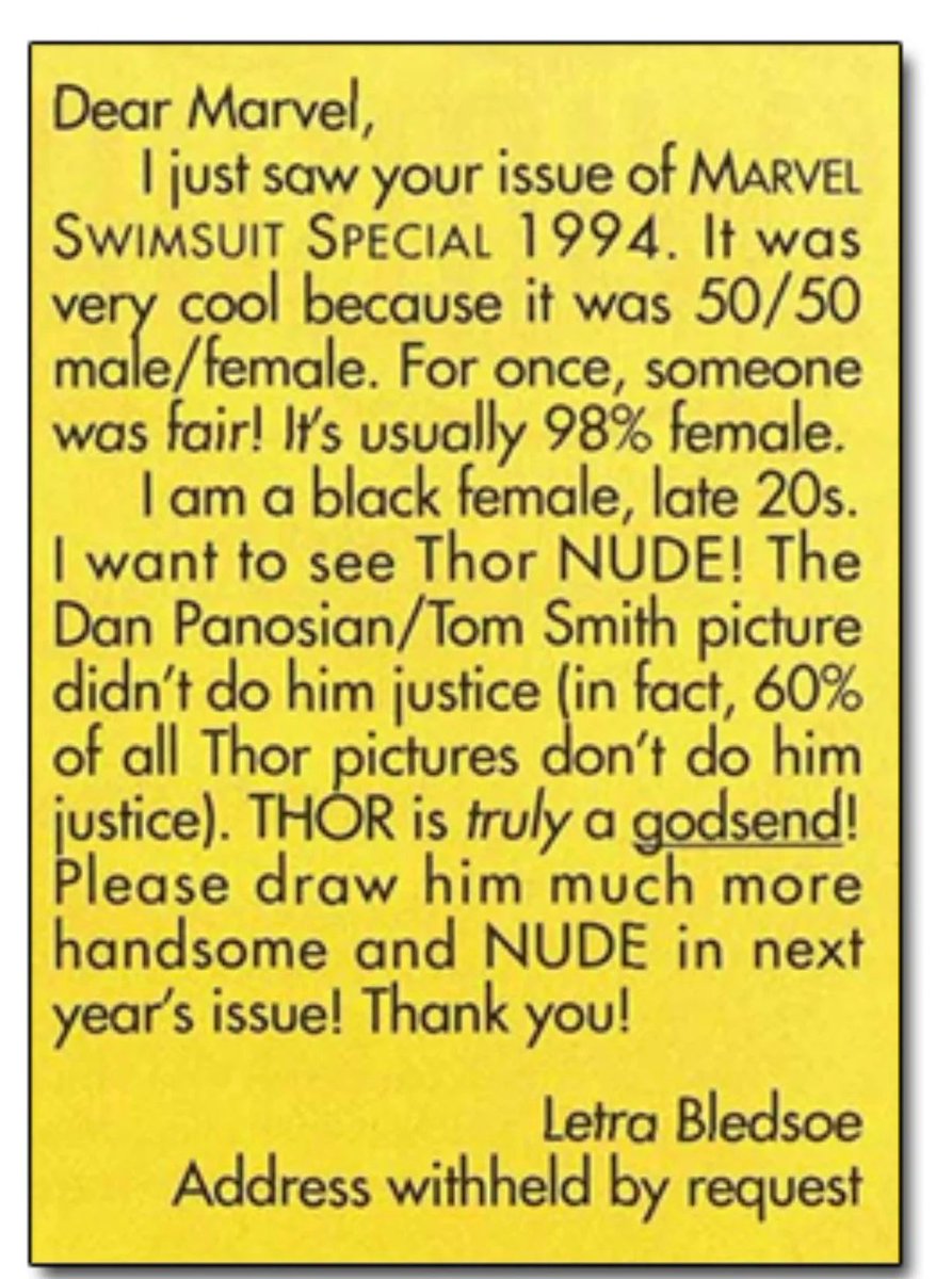marvel comics has been ignoring her request for more than two decades where is the handsome and nude thor?