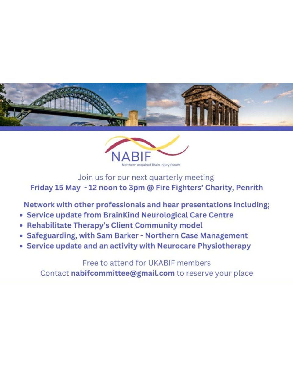 UKABIF's tweet photo. The NABIF quarterly meeting is coming to Cumbria next Friday, with a fantastic line-up of speakers from Brainkind, Northern Case Management Limited, Rehabilitate Therapy, and Neurocare Physiotherapy!

Friday 15th May, 12pm to 3pm (12-1pm for
networking and buffet lunch)

Fire Fighters Charity, Jubilee House, Eamont Bridge,
Penrith, CA10 2BN

• Limited places available - Email nabifcommittee@gmail.com to book

Just a reminder - Whilst NABIF meetings are free to attend we do ask that everyone in attendance or their organisation is registered as a member of the United Kingdom Acquired Brain Injury Forum. Membership forms are available here: https://t.co/llI1nSIHVz