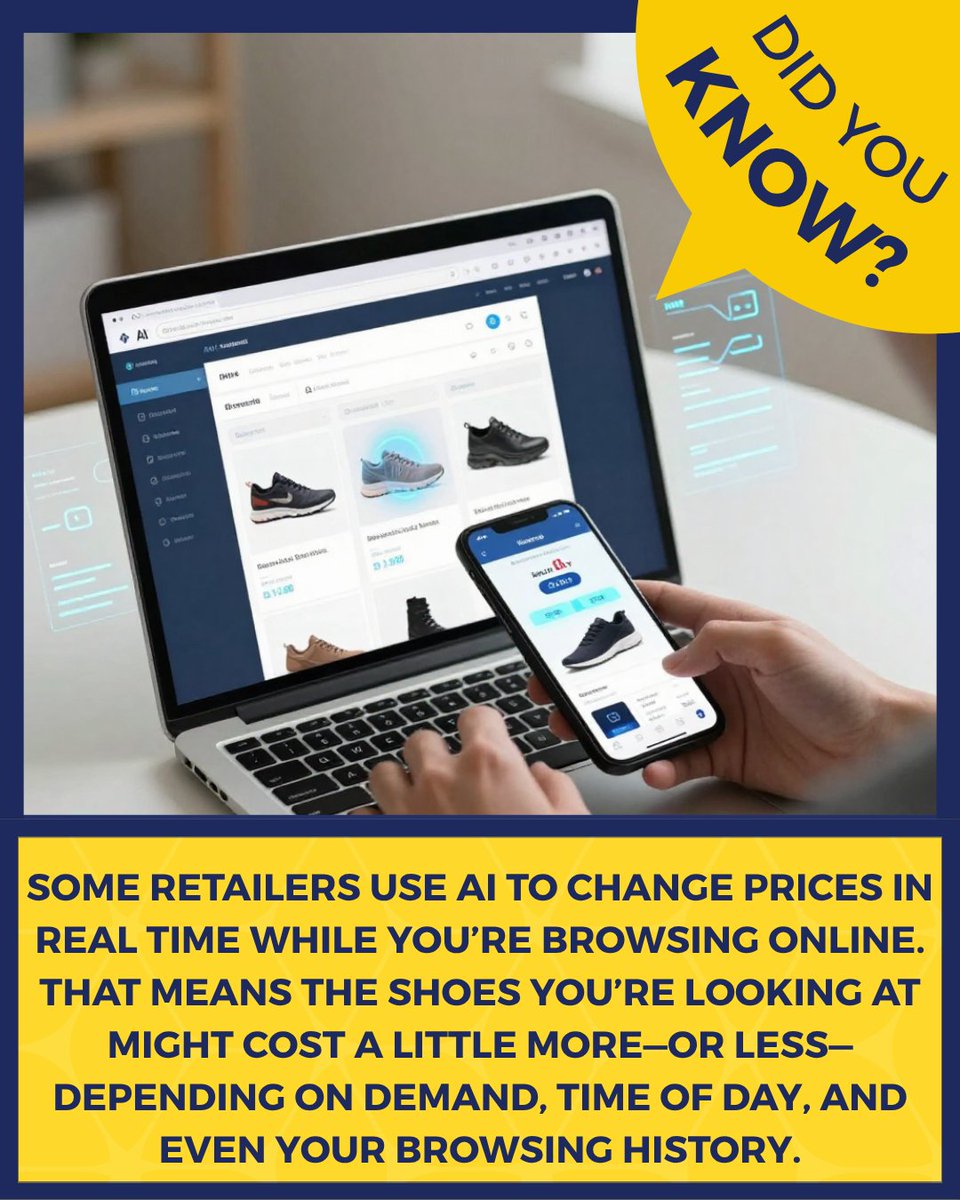 COE_DataScience's tweet photo. Did you know? Some online stores use AI to change prices in real time while you’re browsing! Your favorite shoes might cost a little more—or a little less—depending on demand, the time of day, and even your browsing habits. 🛒🤖 https://t.co/5vDksylcvF