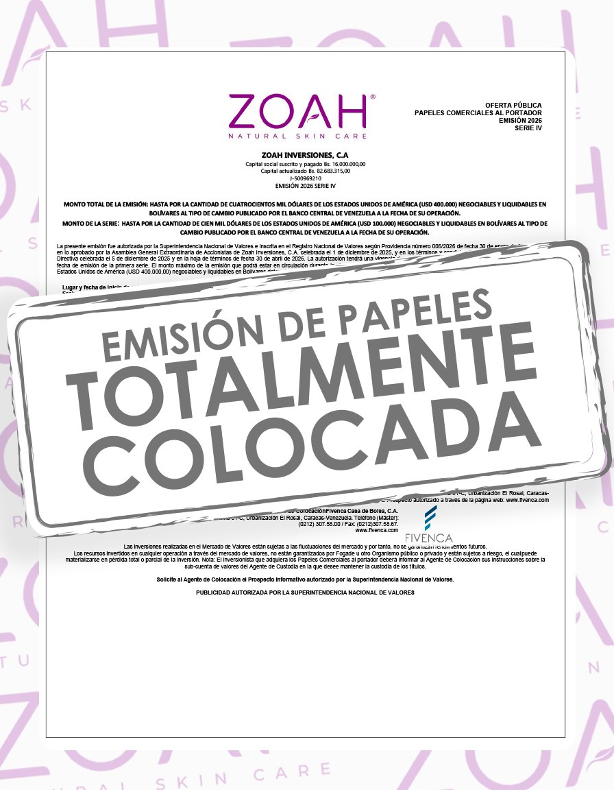 grupofivenca's tweet photo. Como agentes estructuradores y colocadores, anunciamos el éxito la Emisión 2026 de Zoah Inversiones C.A. por un monto total de USD 400.000. 

Informamos que la Serie IV, por un monto de USD 100.000 (negociables y liquidables en bolívares), ¡ha sido totalmente colocada! ✅ https://t.co/PXo8QsNd4y
