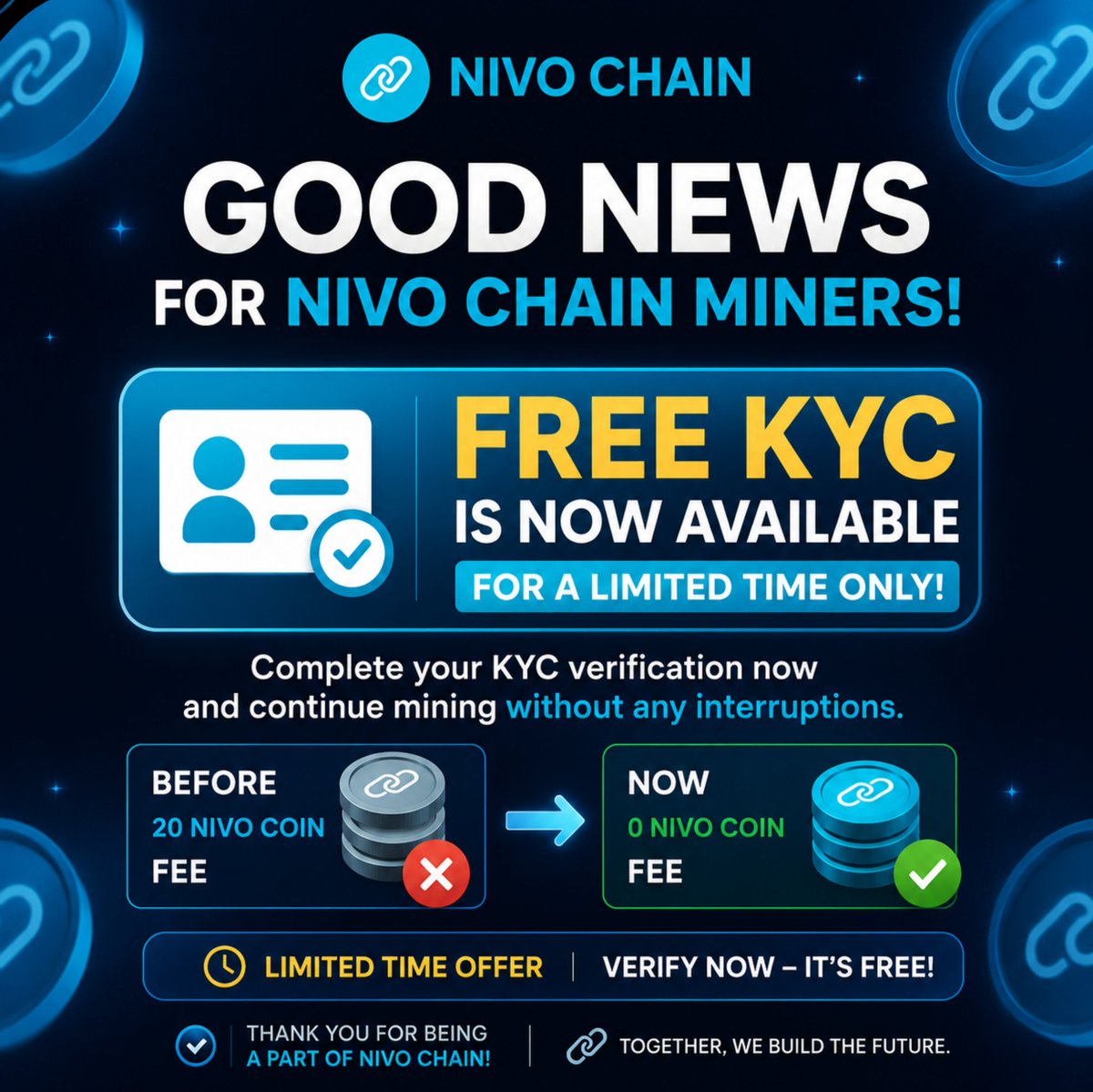 Nivochain's tweet photo. 𝙂𝙤𝙤𝙙 𝙣𝙚𝙬𝙨 𝙛𝙤𝙧 𝙉𝙞𝙫𝙤 𝙘𝙝𝙖𝙞𝙣 𝙢𝙞𝙣𝙚𝙧𝙨.
𝙁𝙧𝙚𝙚 𝙆𝙔𝘾 𝙞𝙨 𝙣𝙤𝙬 𝙖𝙫𝙖𝙞𝙡𝙖𝙗𝙡𝙚 𝙛𝙤𝙧 𝙖 𝙡𝙞𝙢𝙞𝙩𝙚𝙙 𝙩𝙞𝙢𝙚.

#nivochain
#kyc
#Nivo https://t.co/WL9i6ooyZ0