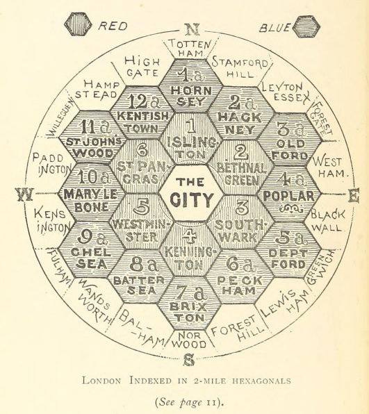 TeatherEdward's tweet photo. I've just discovered this apparently entirely serious proposal from 1895 that suggests the best way to organise local government in London is to make 19 hexagonal boroughs and I am obsessed https://t.co/VqJqEjAwvJ