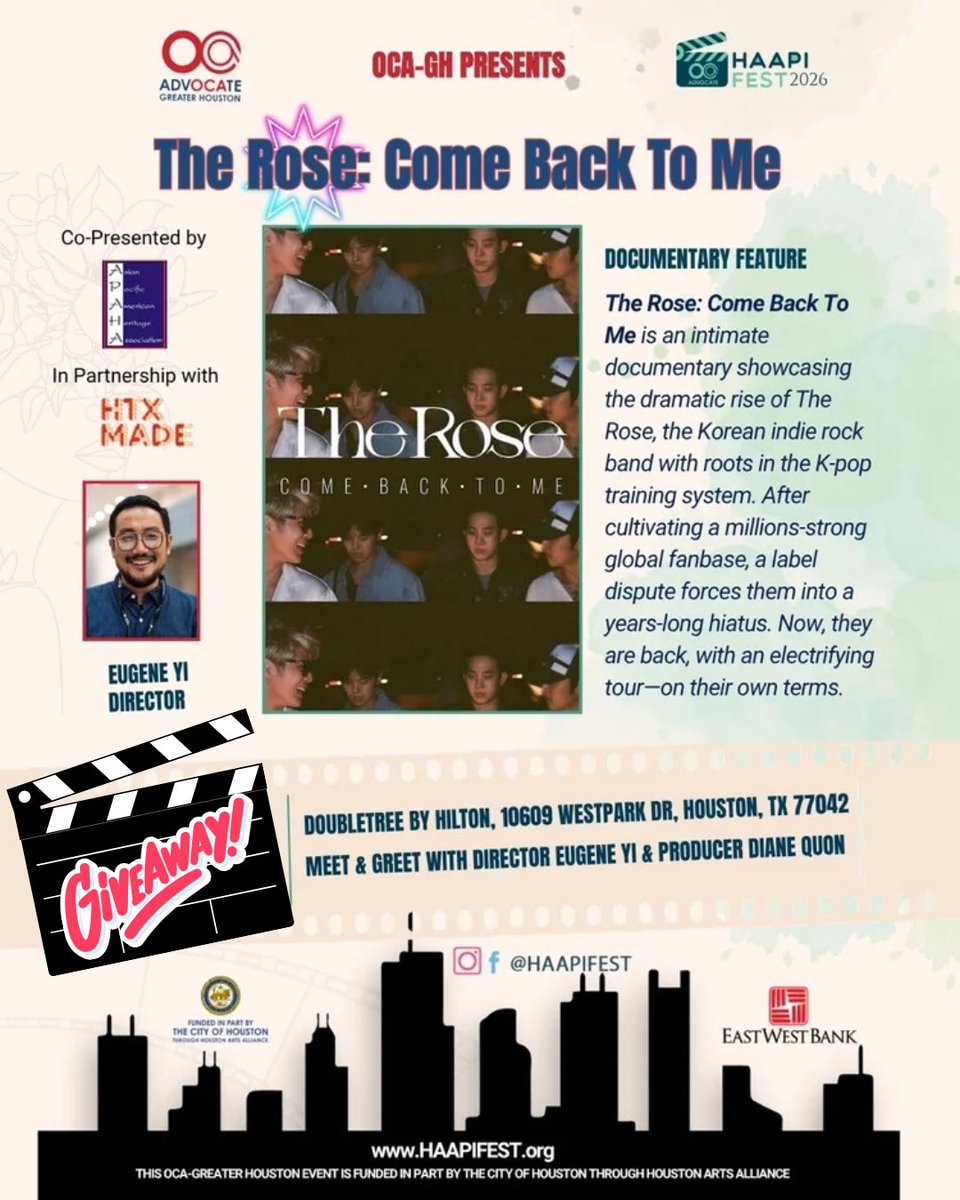 KpopInHou's tweet photo. 📣 CALLING ALL BLACK ROSES 📣
Want to see The Rose: Back To Me Documentary with special guest director Eugene Yi and producer Diane Quon ??

Enter to win a pair of tickets to see The Rose: Back To Me documentary on opening night of HAAPI’s Film Festival

TO ENTER:
Check out the post on our instagram 
https://t.co/8r7MbGLPT8
______________________________

Giveaway starts today. May 8th  and ends May 21st at 11:59pm CST
______________________________

HAAPI FILM FESTIVAL INFO

Festival Dates: May 29 – June 14, 2026 
In Person + Online Screenings available

Location: DoubleTree by Hilton Westchase 10609 Westpark Dr, Houston, TX
Tickets & festival passes: https://t.co/NHaNp28vDI
OPENING NIGHT: The Rose: Back To Me Documentary 
https://t.co/cGY433znQ0

Don’t want to wait on the giveaway drawing?

Use these exclusive codes for our followers:
50% off any level PASSES 
(SM_KPOP26_50OFF)

20% off any individual single screening tickets 
(SM_KPOP26_20OFF)

Thank you to the HAAPI Festival for the opportunity to host this giveaway

#HAAPIFEST2026 #HoustonFilmFestival #AAPIHeritageMonth #IndependentFilm #더로즈