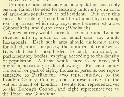 TeatherEdward's tweet photo. I've just discovered this apparently entirely serious proposal from 1895 that suggests the best way to organise local government in London is to make 19 hexagonal boroughs and I am obsessed https://t.co/VqJqEjAwvJ