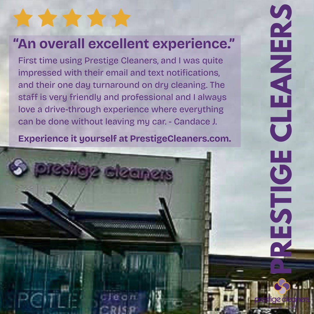 First-time customer. Five-star review. We love a good first impression. 💜 Try us at PrestigeCleaners.com.