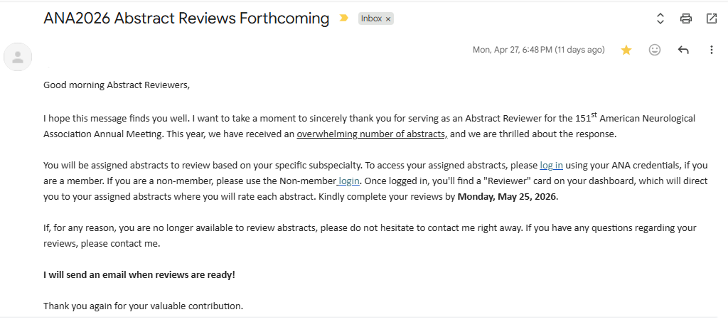 Drmostafameshr1's tweet photo. #Abstract_Reviewer
#ANA_2026
I am thrilled to announce that I have been selected to serve as an abstract reviewer for the 151st Annual meeting, ANA 2026, San Diego, October 17-20, 2026.
Thanks to the American Neurological Association @ANAneurology https://t.co/0CixAoFCVa