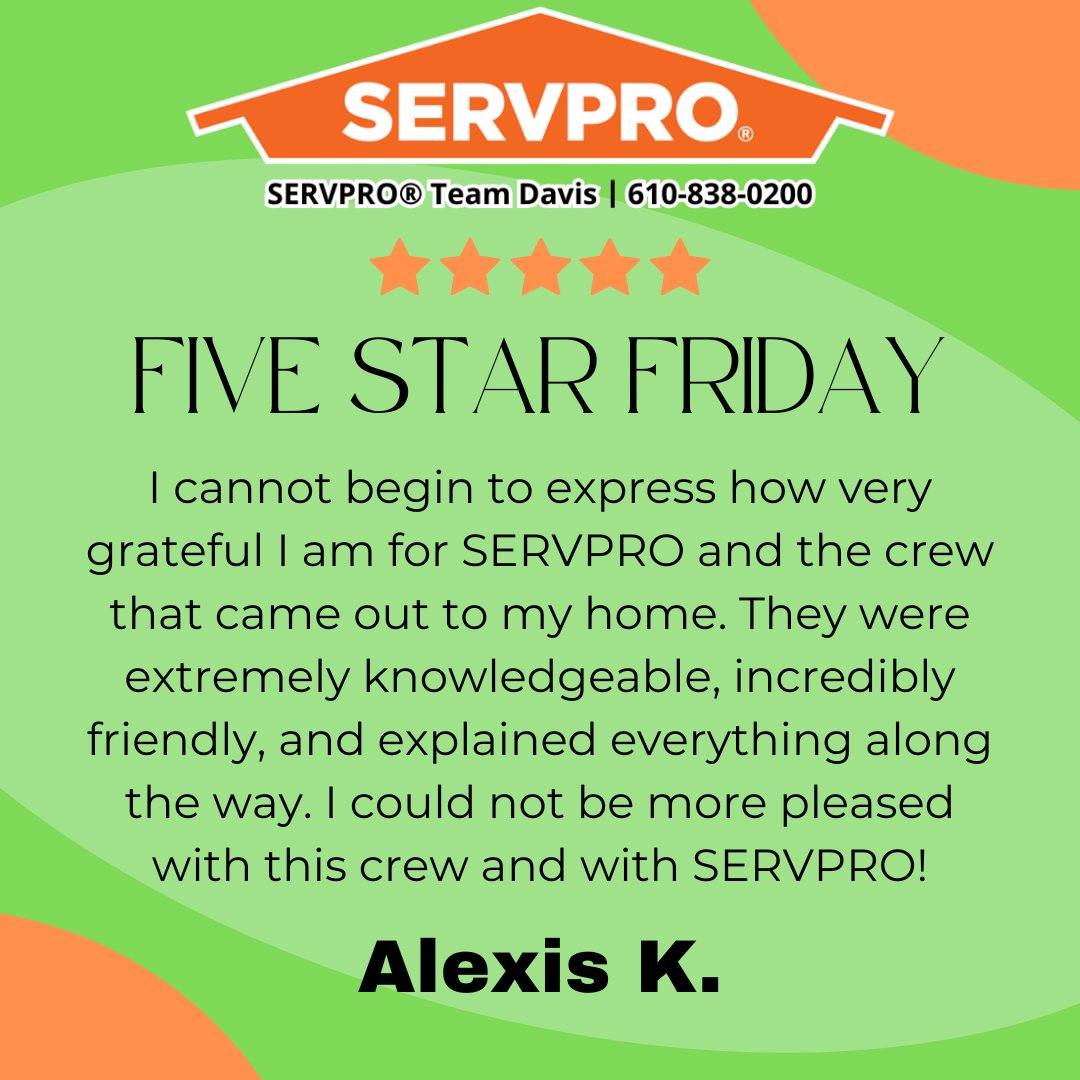 🌟We are getting even closer to 400! Thanks to Alexis for this great review on behalf of our Team Davis crew! Our restoration experts are here to make any commercial or residential property damage #LikeItNeverEvenHappened!📲610-838-0200

#servproteamdavis #fivestarfriday