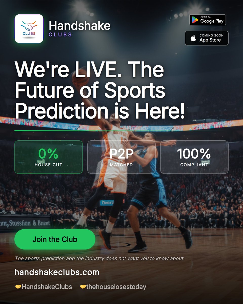 Handshake_Clubs's tweet photo. The future of sports prediction is here! Join the club today with p2p matching and zero house cut. #HandshakeClubs 🤝 https://t.co/YIUqQDJqIS