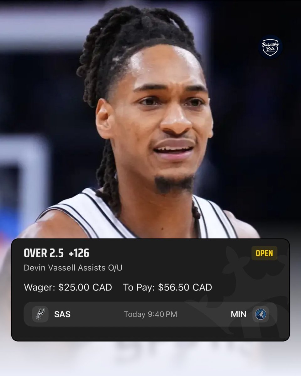 🏀 Barnaby's POTD (May 8)
📝 Devin Vassell Over 2.5 Assists

Tail here 👇
bit.ly/4cZD5AF

📊 <a href="/yourlinemate/">Linemate</a> 

#GamblingX #NBA