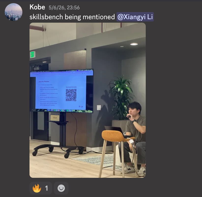 xdotli's tweet photo. SkillsBench being mentioned everywhere in the bay now 🔥🔥 thx @ivanleomk @kobe0938 

We just merged our 94th tasks and will release our 1.0 version of dataset on 5/27

Big news ahead. Stay tuned 👀 https://t.co/I9QTSUnq20
