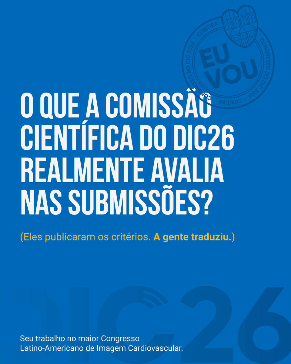 CongressodoDIC's tweet photo. A comissão científica do DIC26 avalia 5 critérios nas submissões.

O mais ignorado: coerência entre objetivos, resultados e conclusões.

O carrossel completo está no https://t.co/RmHvEAqlHL. Prazo: 30 de junho.

https://t.co/hl83JDoast 

#DIC26 #ImagemCardiovascular https://t.co/Bg4XkjMtAf