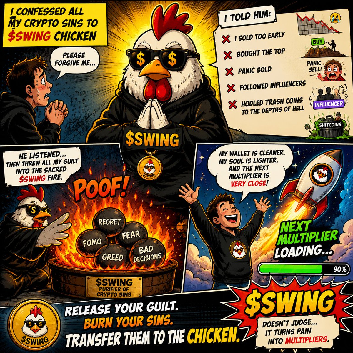 ChickenSwinging's tweet photo. I confessed all my crypto sins to the $SWING chicken 🐔🔥

I told him: — I sold too early
— bought the top
— panic sold the dip
— followed influencer calls
— held trash coins straight into hell

The chicken listened in silence…
then threw all my guilt into the sacred SWING fire. 🔥
Now my wallet feels cleaner.

My soul feels lighter.
And the next multiplier is VERY close. 🚀

Release your guilt.
Burn your sins.
Transfer them to the chicken. 🐔🔥

$SWING doesn’t judge…
it turns pain into multipliers.

#CryptoGem #Memecoin #BASE #BurnSeason
