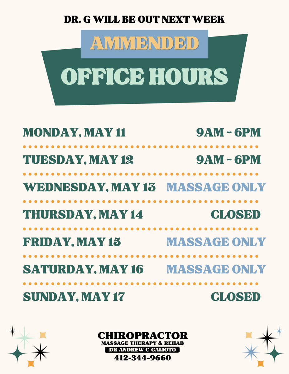 Galioto_Chiro's tweet photo. Dr. Galioto will be out of the office next week from Wednesday through Saturday. Massage will still be available as scheduled.

If you need an adjustment beforehand, call 412-344-9660 https://t.co/bZKLXRbfuK