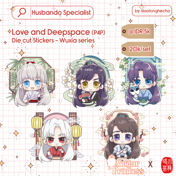 xiaolonghecha's tweet photo. Sticker section part 3!! Collab with @suga_puri 
#comifuro22 #comifuro22catalogue 
📌Husbando Specialist - N47 
📂: Love and Deepspace https://t.co/ooDxdgxrDi