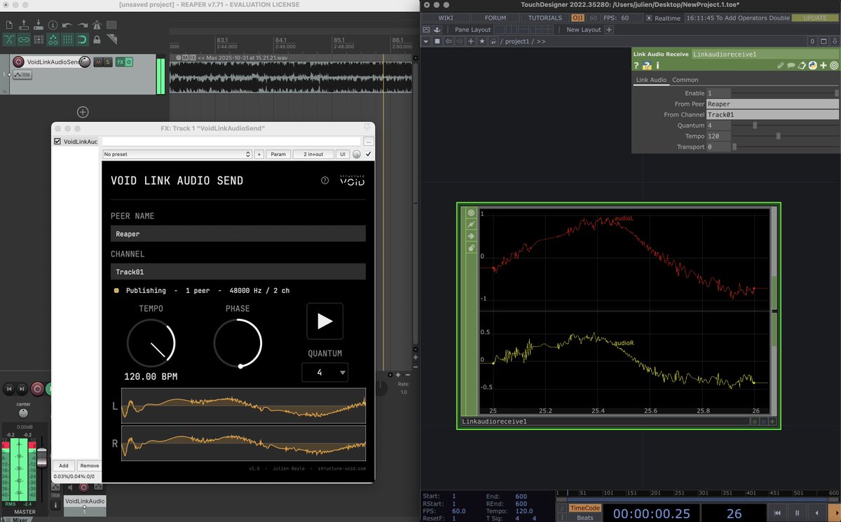 julienbayle's tweet photo. There's now a bunch of Ableton Link Audio connectors for almost anything. 

Notably, TouchDesigner.

Two CHOPs from the palette : Link Audio Send and Link Audio Receive.

Pipe your #Touchdesigner @1null1  audio into #Ableton Live, or into a Max patch, a VCV Rack session, an openFrameworks app, a Pure Data patch. Or do the reverse. Or wire TD straight to VCV with no #DAW in the middle. Every Link Audio host on the LAN sees every other one, in any direction.

The shared Link session timing is right there : tempo, phase, transport, peers, sample rate, channel count. Your TD network locks onto the session clock and stays in sync with whatever else is running.

No driver. No virtual cable. Just the local network.

Built on top of Ableton Link Audio by Ableton. The whole thing came out of @structurevoid0  's internal R&D, and we're giving it away.

Pretty sure it's the first time TouchDesigner speaks Link Audio. If we're wrong, tell us 🙂
Ready-to-use binaries, pay-what-you-want : https://t.co/828Bpj3coL

Full source code on GitHub for those who want to compile, dig in, learn how it works : https://t.co/WW5s21dJza

Open-source (GPL). Mac universal binary, Windows.
Try it, break it, tell me what you build with it 🙂