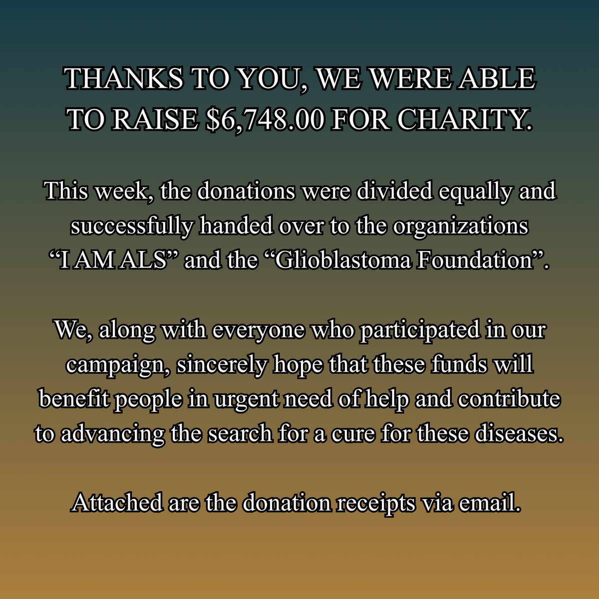 Rensgirl2's tweet photo. What an amazing fandom! #spnfam #JensenAckles #Supernatural #countdown #ericdane fans,thank you for supporting this fan campaign. With your help we raised over 6000$ for @glioblastf + @iamalsorg. We are incredibly proud and grateful. π We couldn't have done it without you! https://t.co/afepYnjfFN