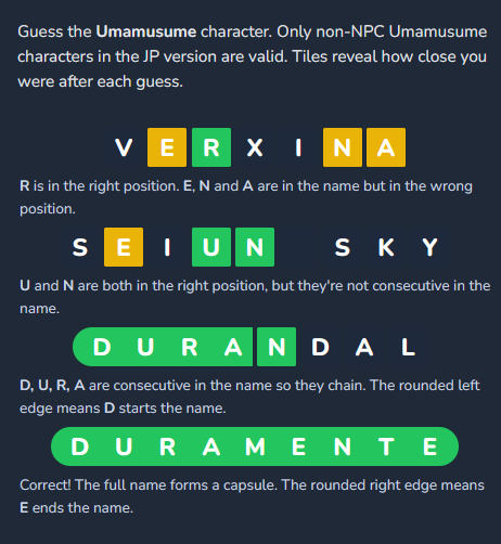 i made a new daily uma game where you have to guess the character name based on your guesses!

you can play it at guesser.umamusu.moe

#umamusume
