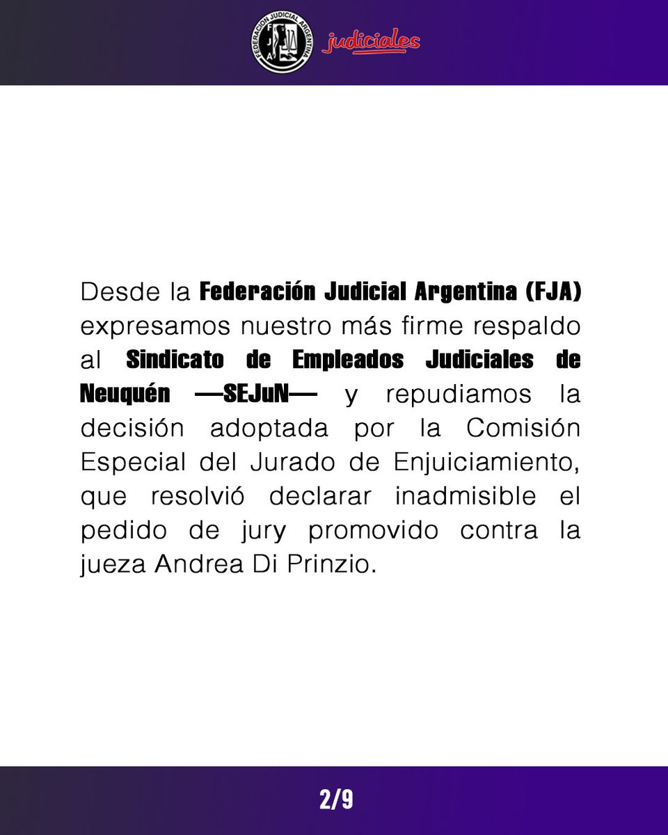 FJAJudiciales's tweet photo. Repudio por la resolución en Neuquén ⚖️
SEJuN rechazó la inadmisibilidad del pedido de jury contra la jueza Andrea Di Prinzio y denunció la gravedad institucional del fallo.
“Violencia laboral nunca más” ✊
#SEJuN #FJA #Neuquén https://t.co/8hW6zreKbf