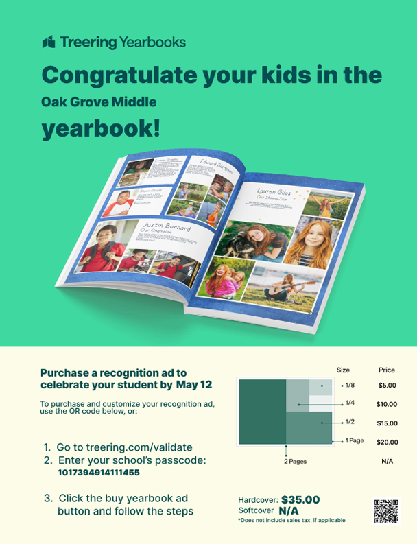 oakgrovemiddle's tweet photo. 8th Grade Parents, purchase a recognition ad for the OGMS yearbook,  see flyner for details. https://t.co/1sfXdrLhQG