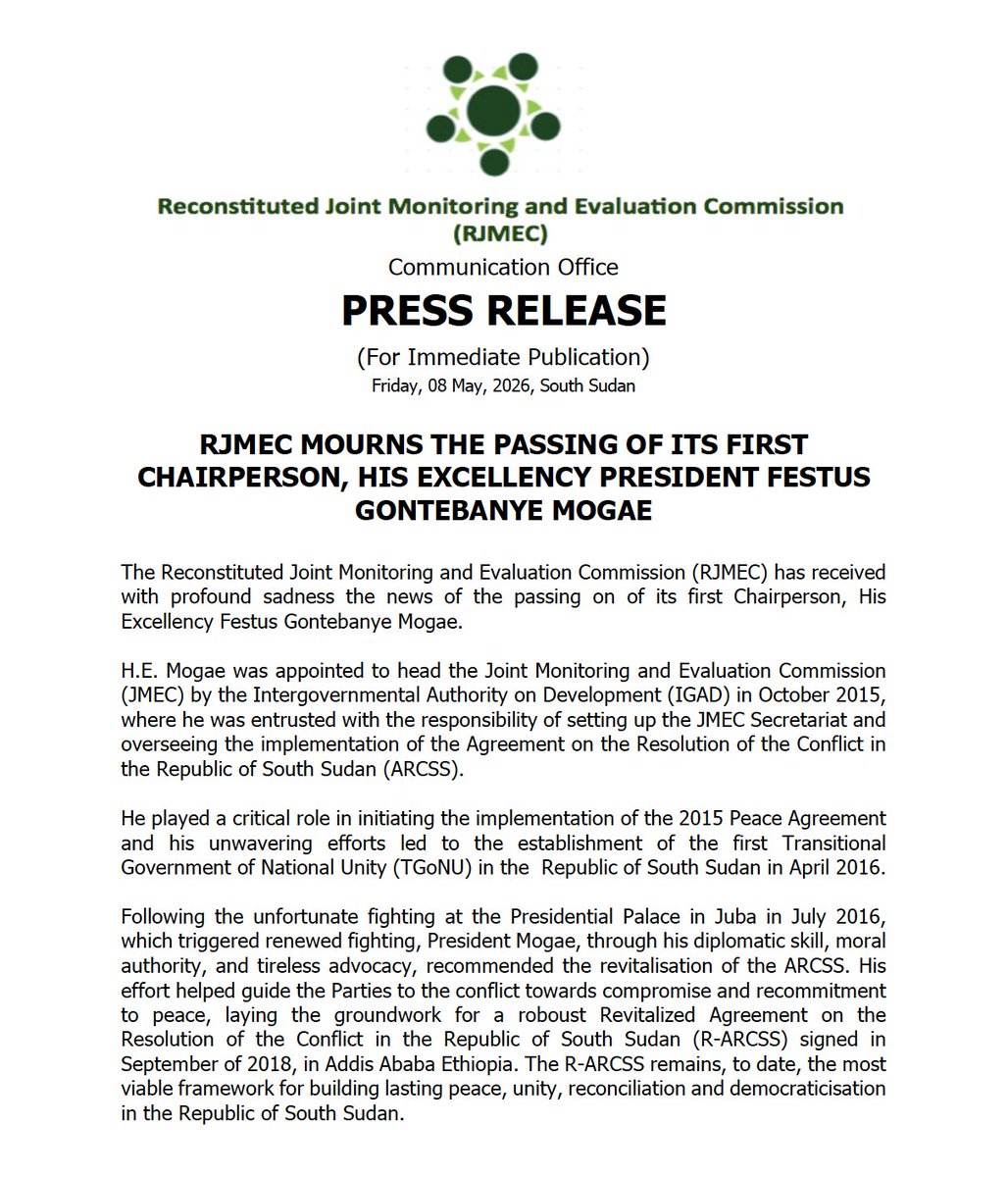 RJMECsouthsudan's tweet photo. @RJMECsouthsudan  mourns the passing of its first Chairperson, His Excellency President Festus Gontebanye Mogae https://t.co/kRFtUyfyxt