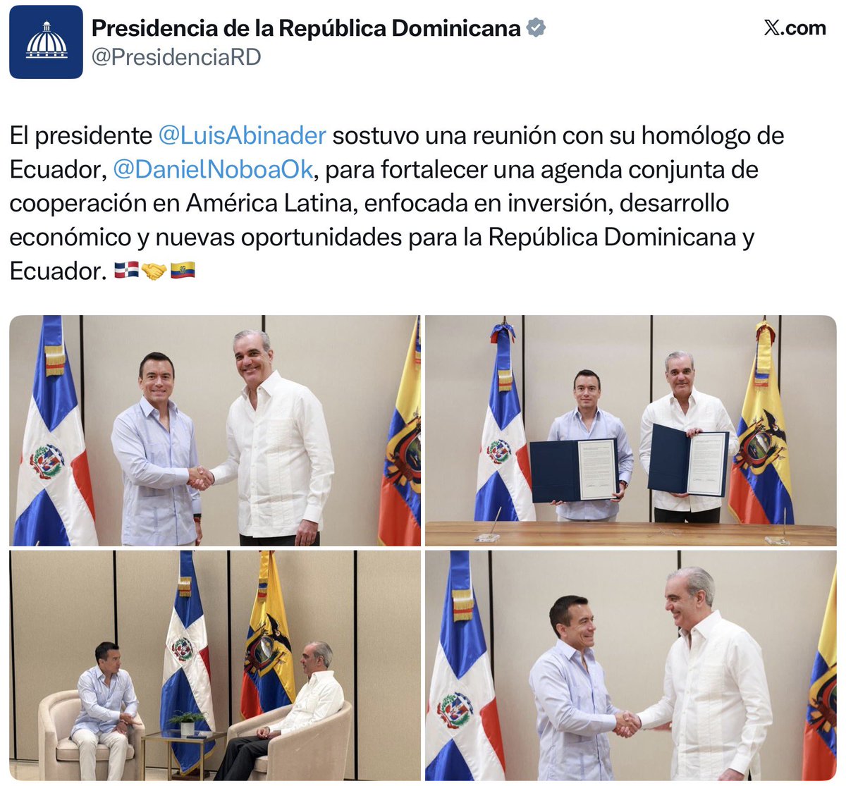 <a href="/MashiRafael/">Rafael Correa</a> 
Pone “CONFIRMANDO DESDE REPÚBLICA DOMINICANA”

Y La Presidencia de la Republica Dominicana LE RESPONDE A ESTE MALNACIDO..