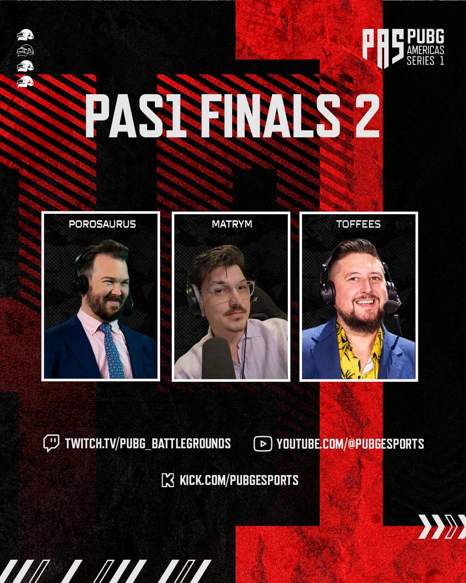 PUBGEsports's tweet photo. We are starting in just a couple of hours, so make sure you’re ready! 🔥

Today, these gents will be bringing the action to life:

@Porosaurus_NA
@Matrym_gg
@ToffeesTV 

Make sure to show them some love, and we’ll see you soon! 👀 https://t.co/yKFEmyrp1v