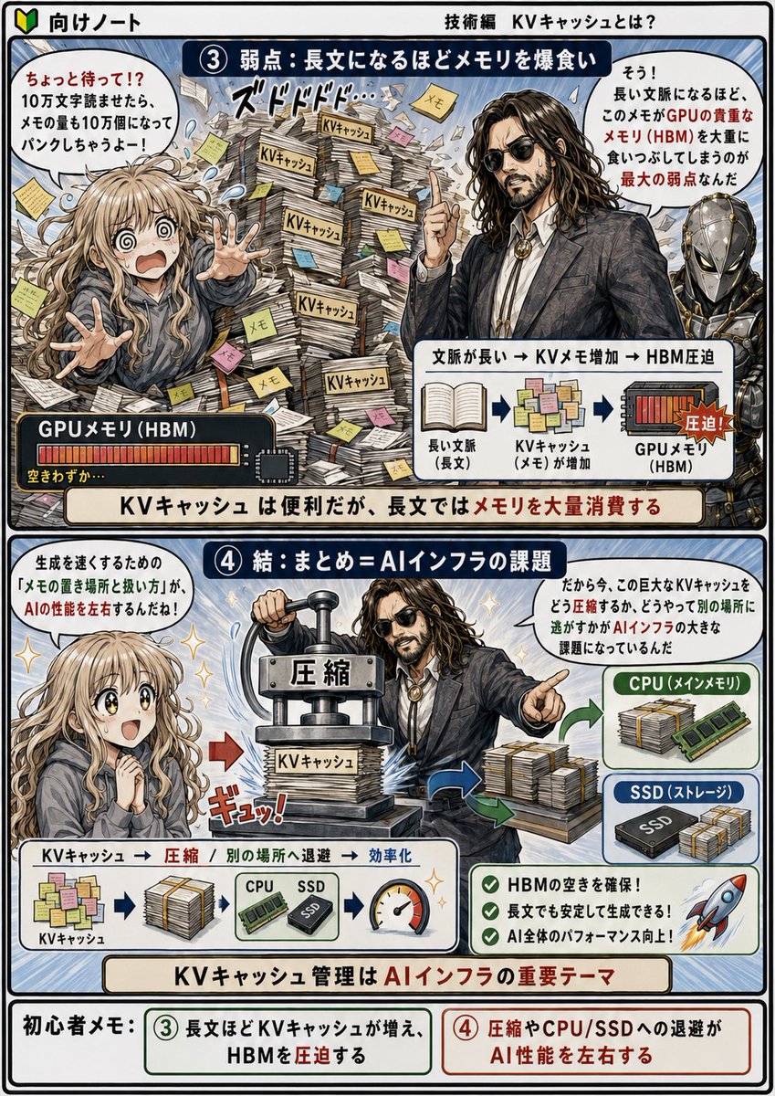 KVキャッシュ？よく聞くけどなにそれ？

好評なので

KVキャッシュ編もシェアします！
2ページ計4コマです📕

同じく非専門の自分のまとめなので
間違ってるとこがあったら教えて頂けたら幸いです🙇‍♂️