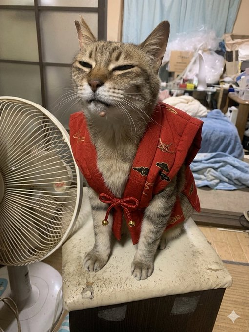 mami040704's tweet photo. この赤い法被を着た猫、目を細めてとろけそうな表情がたまらなく可愛いです。 https://t.co/YFEV6GOdmn